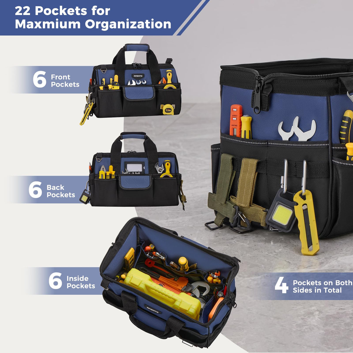 Amento 16-Inch Heavy Duty Tool Bag, 22 Pockets Empty Tool Box Organizer Storage, Soft Large Tote Toolbox Organization Portable Handle Carry Drill Toolbag for Handyman Home DIYer, Dad Men Gifts, Blue