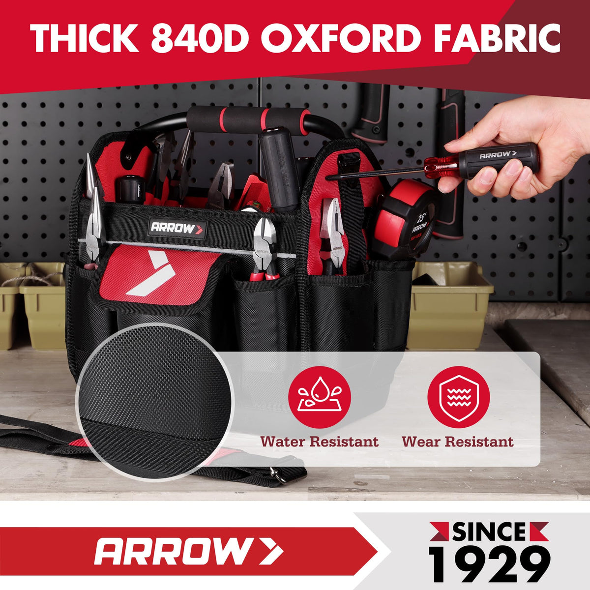 ARROW 12" Tool Tote with Waterproof Hard Base, Electrician Tool Bag