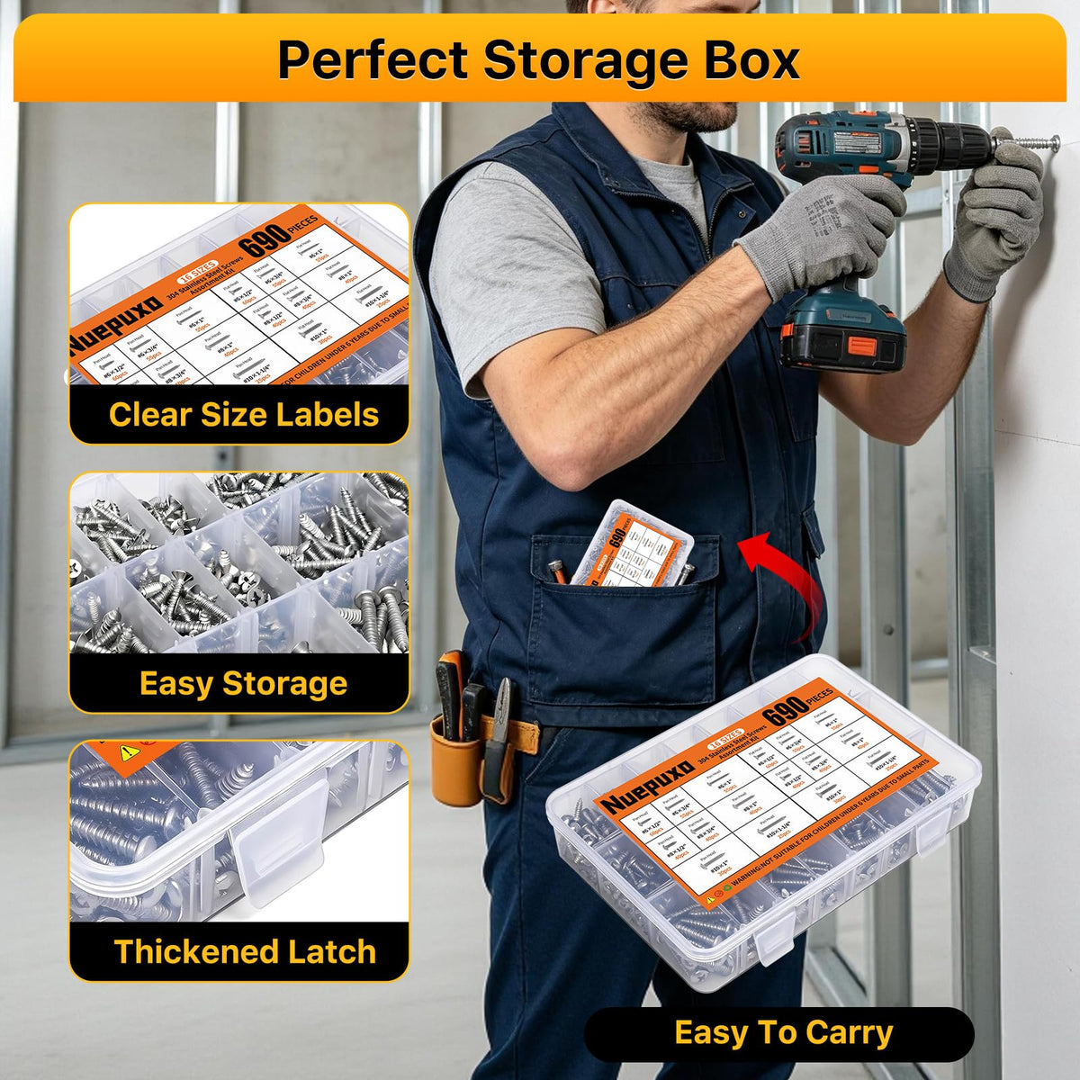 Nuepuxo 690PCS Wood Screws Assortment Kit, 304 Stainless Steel Screws