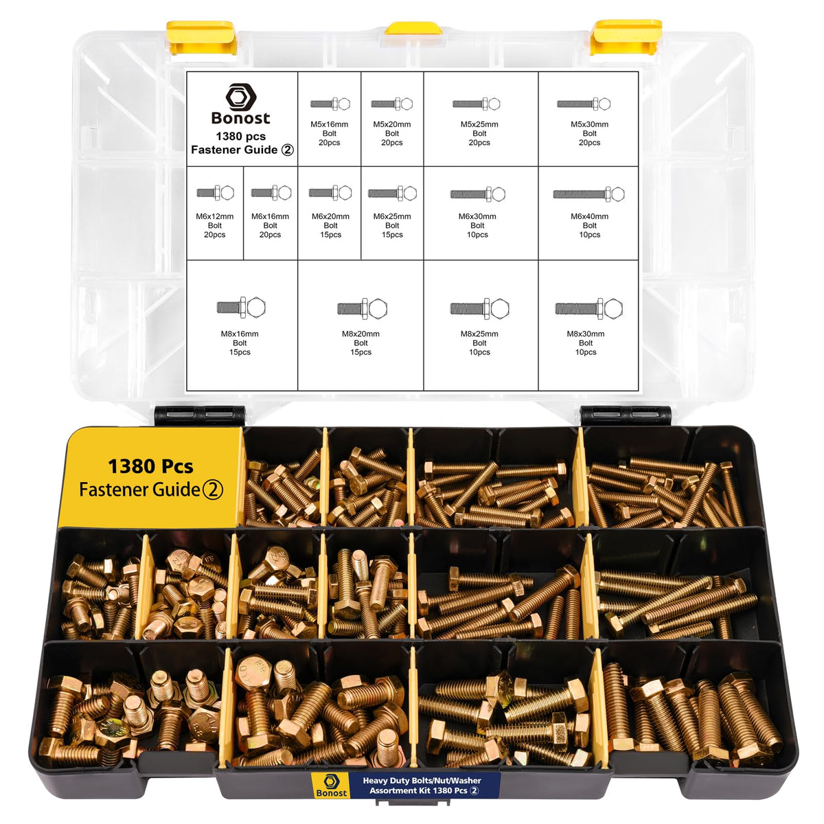 Bonost 1380pcs Nuts and Bolts Assortment Kit, Zinc Plated, Grade 8.8 M4-M8