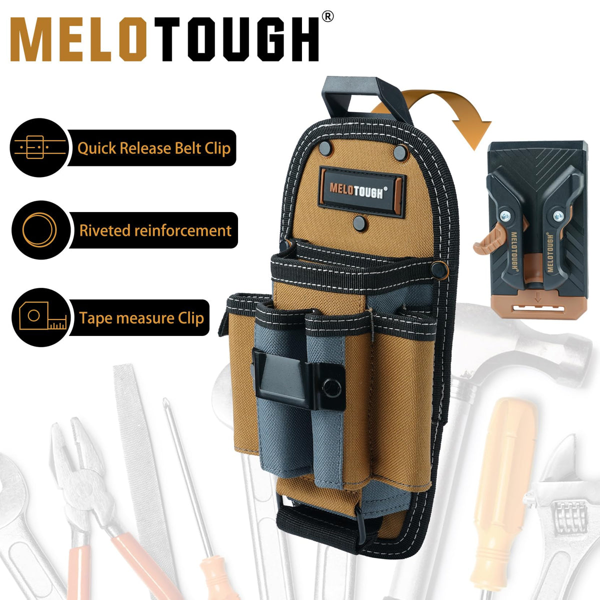 MELOTOUGH 7-Pocket Technician Pouch-Small Tool Belt Pouch with Belt Clip,Clip on Larger - Pockets & Loop,-Tool Holder Accessory(Khaki)