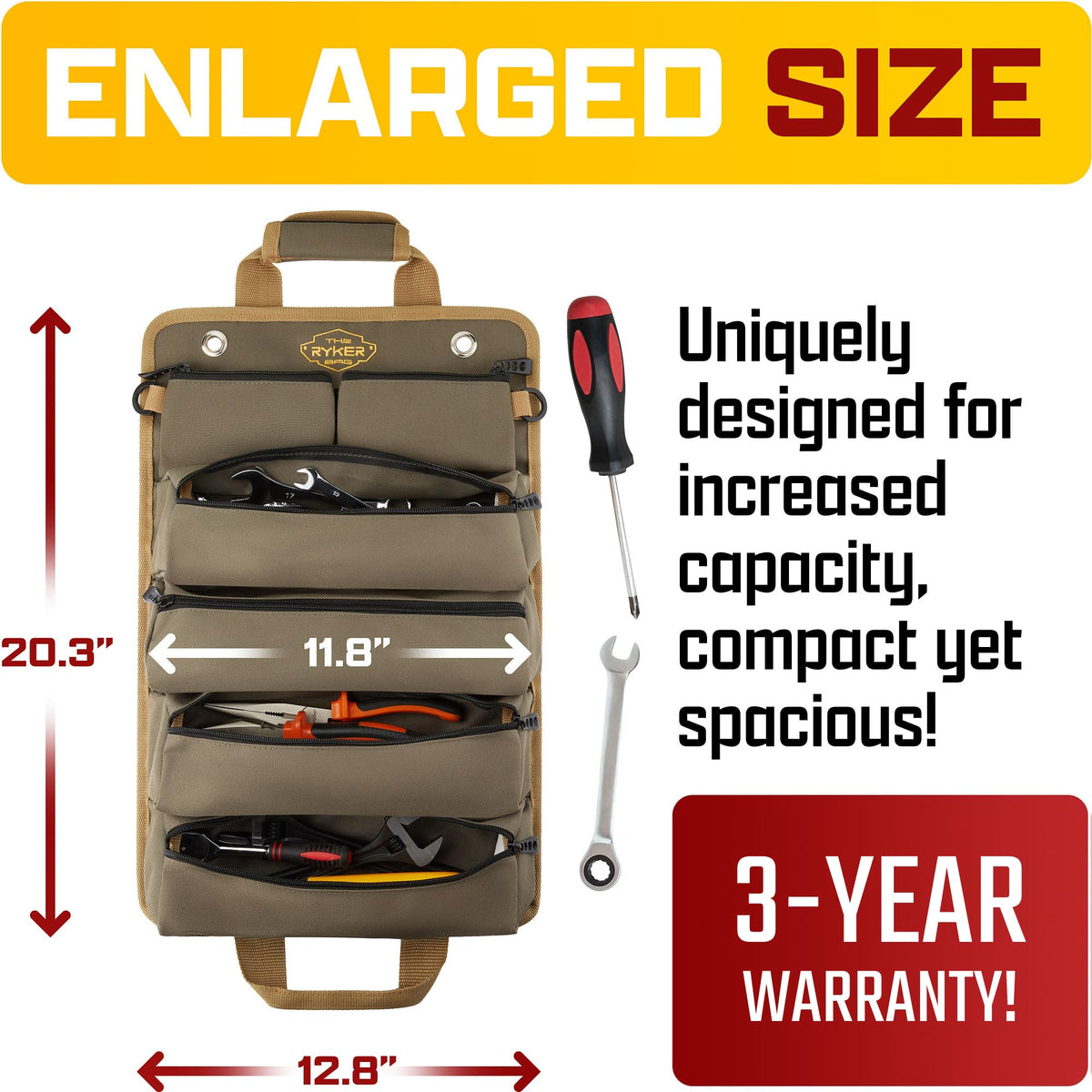 Ryker Heavy Duty Roll Up Tool Bag Organizer w/Detachable Pouches, Gift Men
