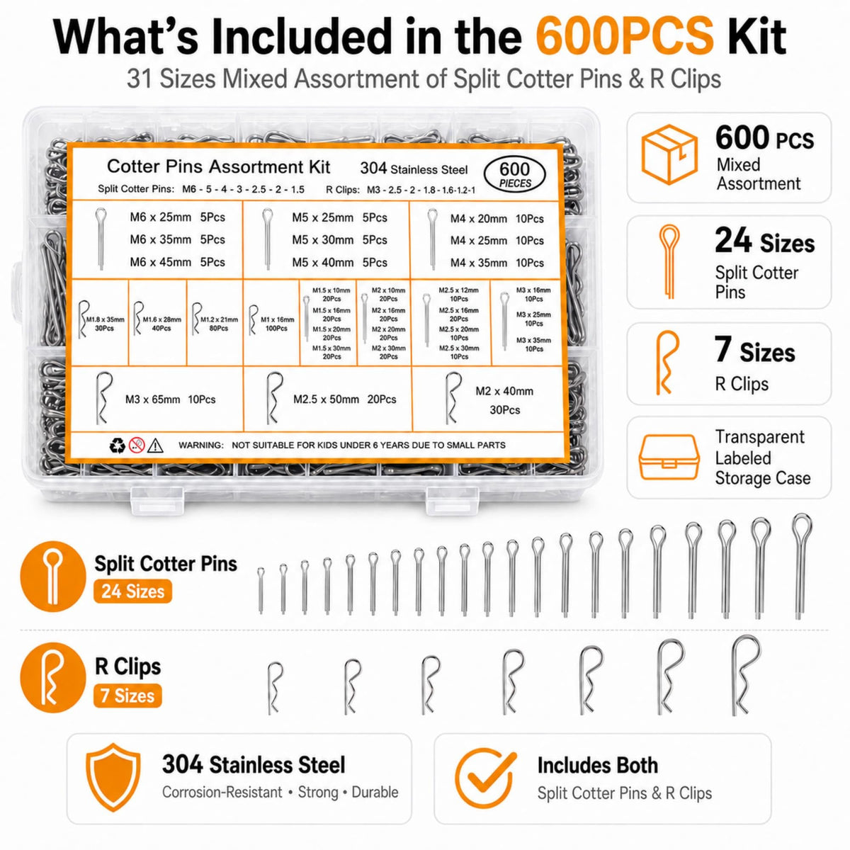 600 Pcs Cotter Pin Assortment Kit 304 Stainless Steel Split Pins & R Clips