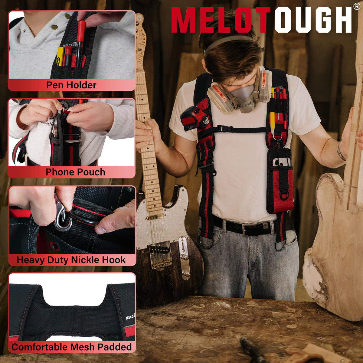 MELOTOUGH Tool Belt Suspenders Tool Bag Suspenders Padded Construction Work Belt Suspenders for Carpenter/Electrician/Roofing/Framers work Suspension Rig(Red)