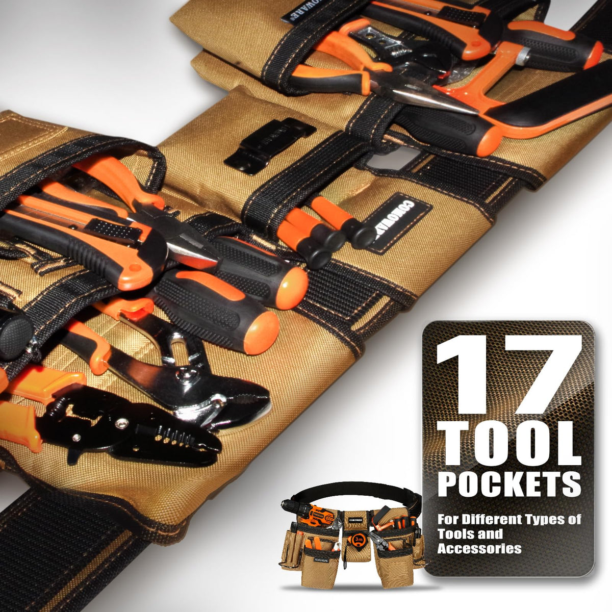 COMOWARE Tool Belt for Men 17-Pocket Heavy Duty Toolbelt w/Magnetic Holster
