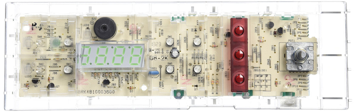 A GE range oven control board with various electronic components and connectors.