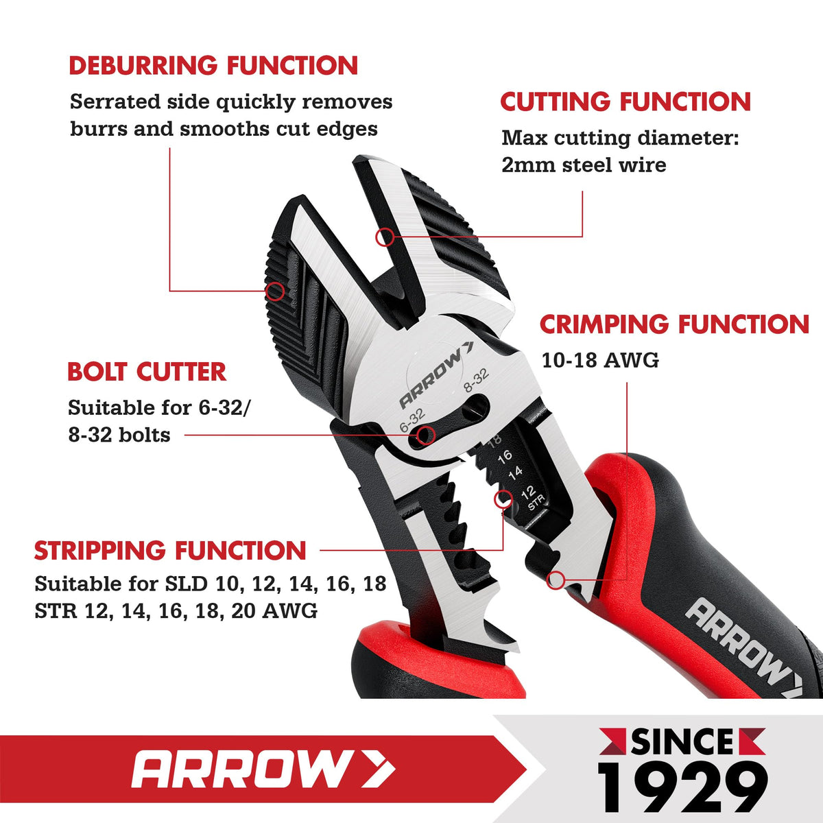 ARROW 6-in-1 Diagonal Cutting Pliers, 7.5" Multipurpose Wire Cutters