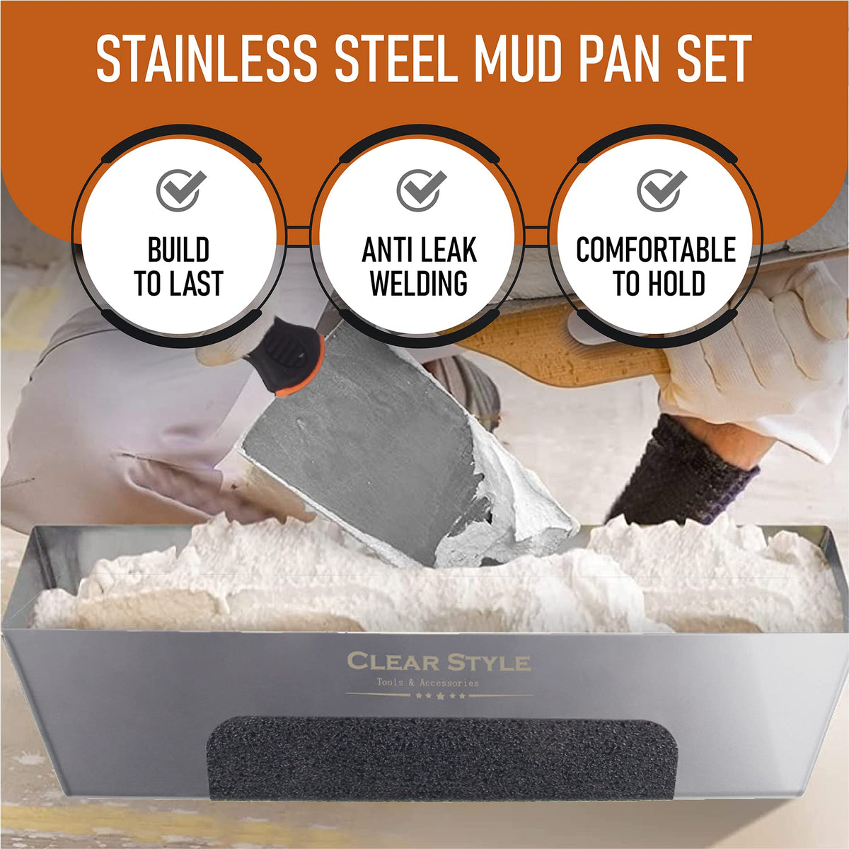 CLEAR STYLE 14 Inch Drywall Mud Pan 2 Pack, Stainless Steel Taping Pans with TPR Anti-Slip Grip, Rust-Resistant Mud Trays for Joint Compound, Plaster, Tile and Grout