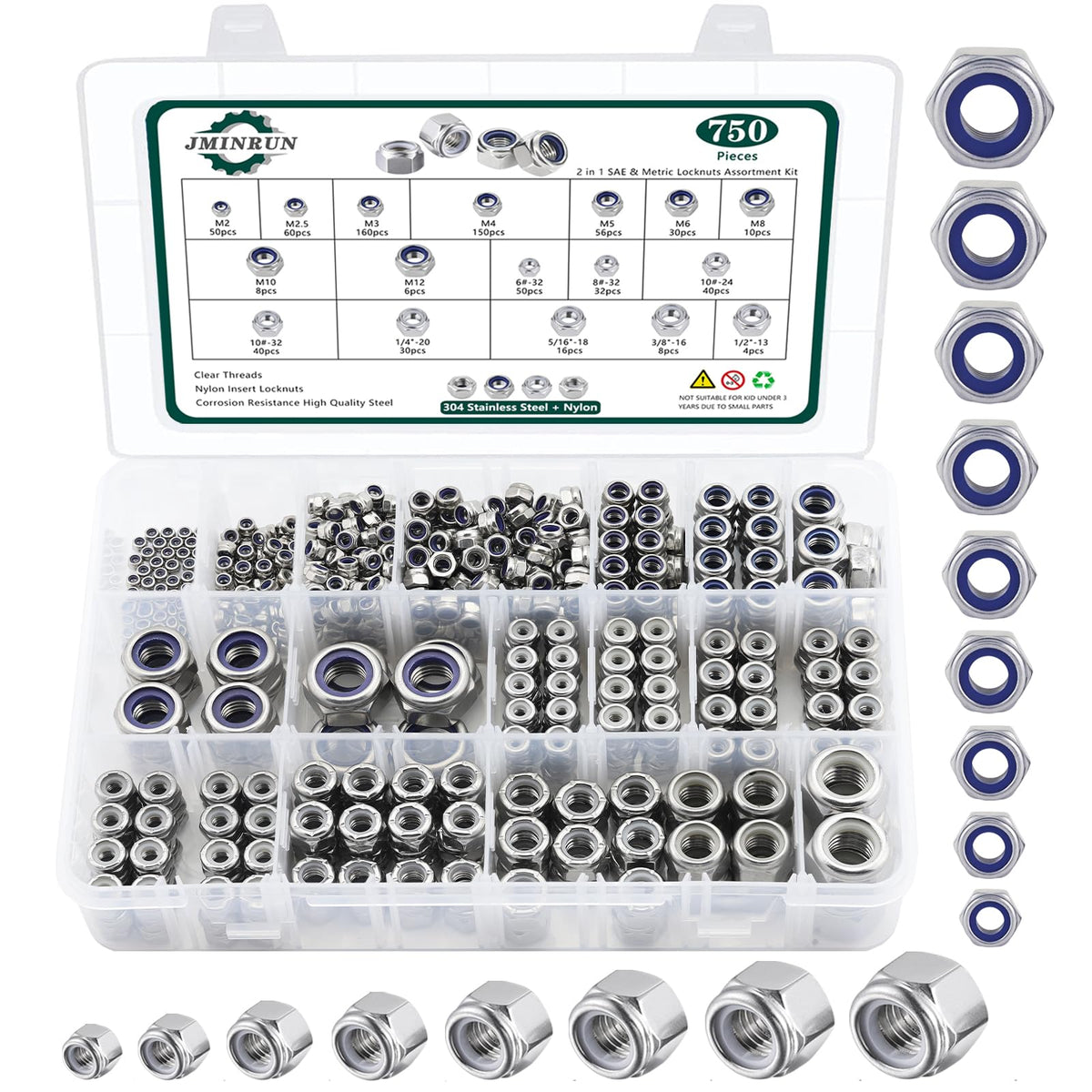 SAE & Metric Nylon Insert Lock Nuts Kit (750Pcs), Lock Nuts Assortment Kit