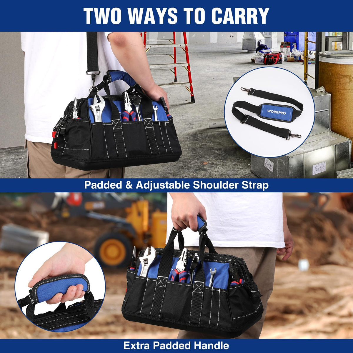 WORKPRO 16-inch Wide Mouth Tool Bag with Water-Proof Molded Base