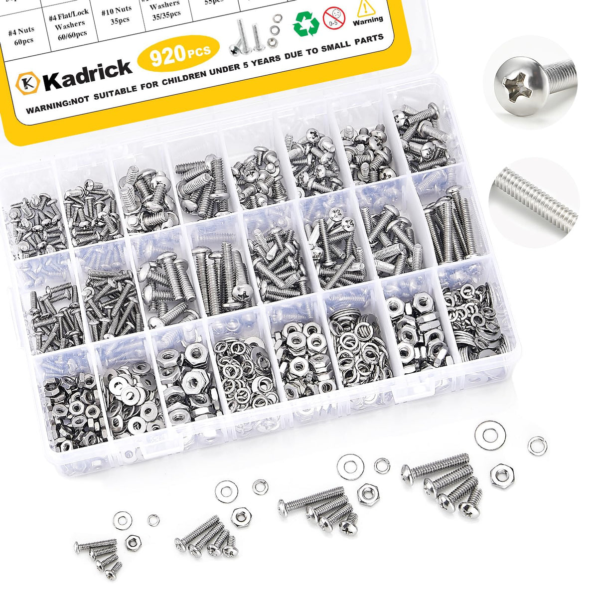 KADRICK 920Pcs Machine Screw Assortment Kit,Stainless Steel #4-40 to #10-24