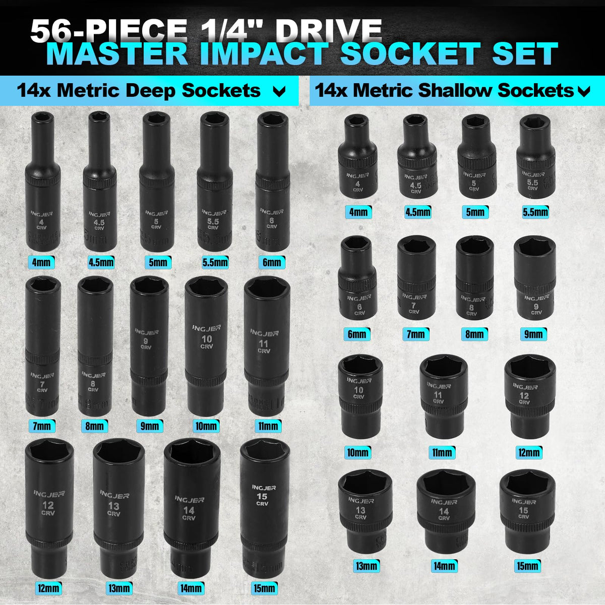 INGJER Socket Set 1/4, 56 Piece Impact Socket Set Metric and Standard Full