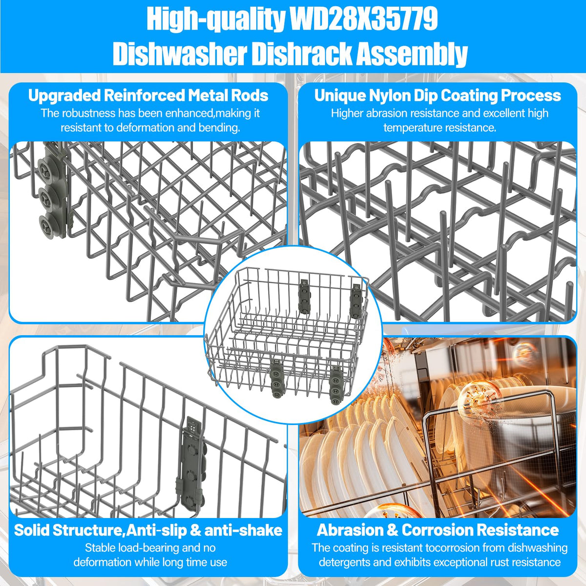 Upgraded WD28X35779 Dishwasher Upper Rack Compatible with GE Dishwasher Rack Replacement WD28X30219 GDF510PSR3SS GDF510PSM0SS GDF535PSR0SS GDT550HSD4SS GE Dishwasher Parts Top Rack Tray With Wheels