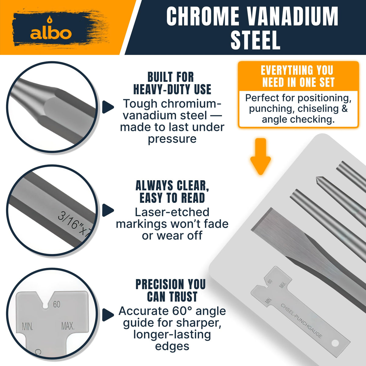 ALBO 16-Piece Punch & Chisel Set, Tapered, Pin & Center Punches, Chisels