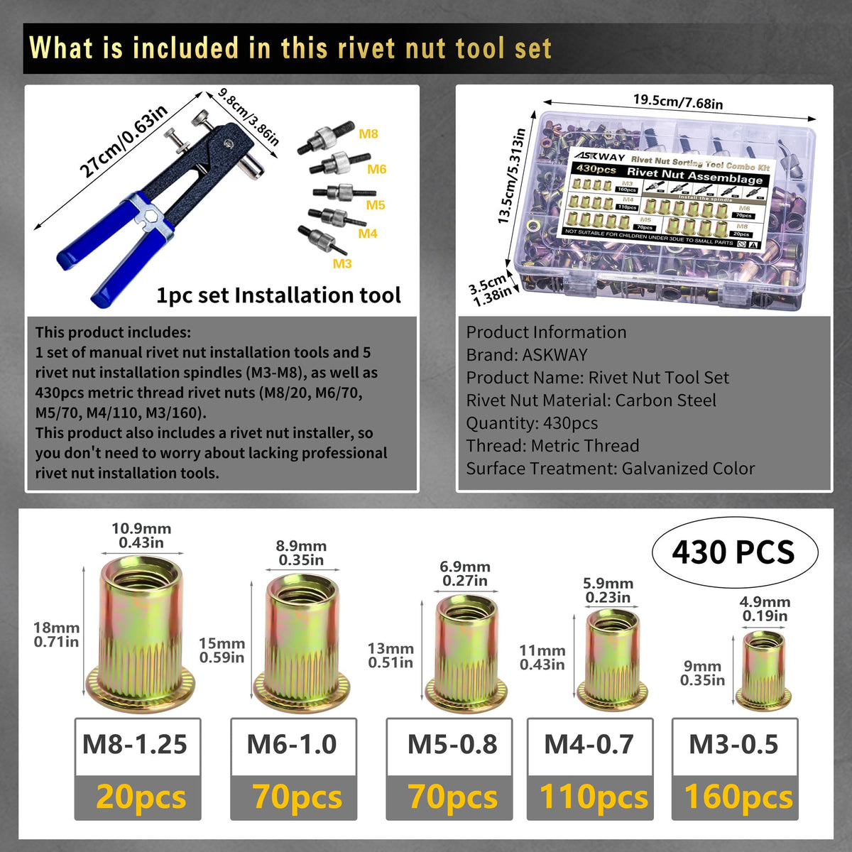 ASKWAY Pressure Rivet Nut Tool Kit, 430Pcs Metric Rivet Nut Combination