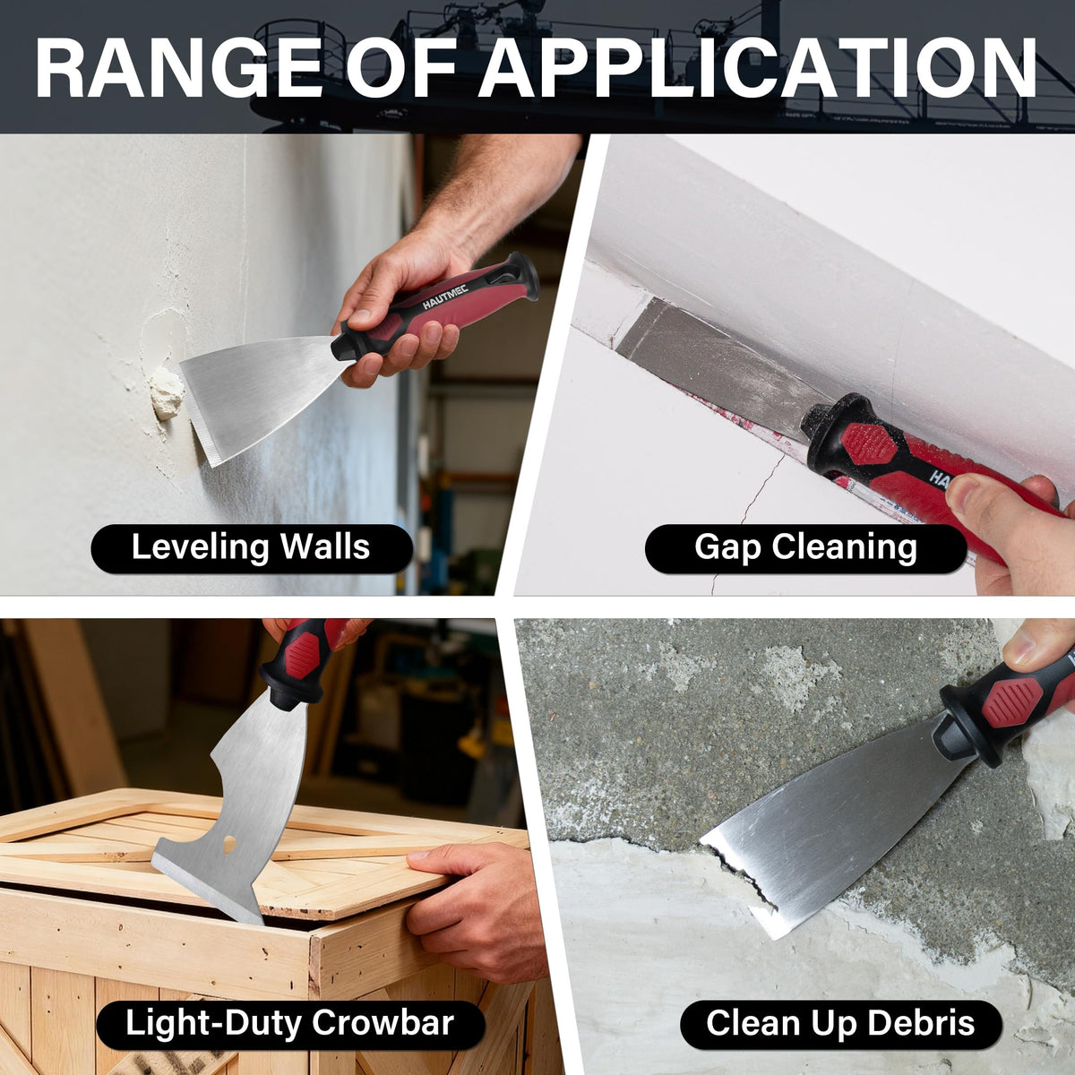 HAUTMEC Putty Knife 4 PC Set, 1.25",2",3" Paint Scraper & 3" 8-in-1 Paint Stripper, Heavy Duty Stainless Steel Blade and Hammer End for Removing Wallpaper, Plaster, Cement 25060