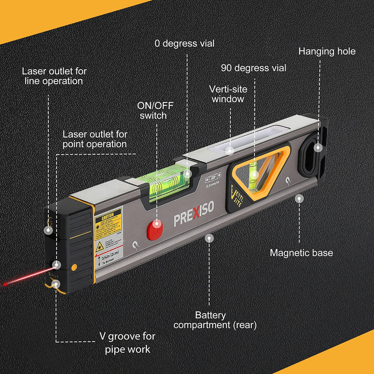 PREXISO 2-in-1 Laser Level 100Ft/30Ft, 12" Magnetic Spirit Level with Light