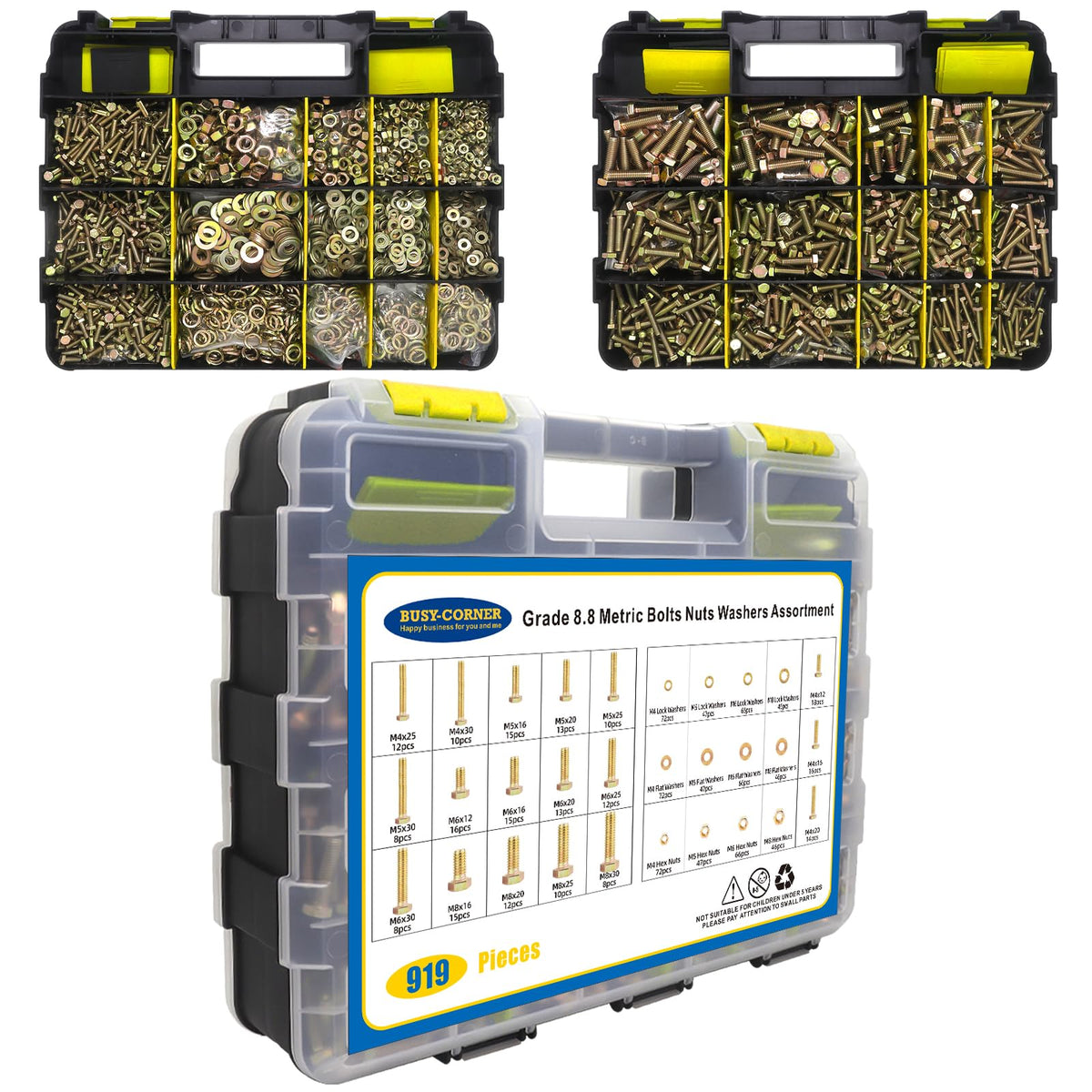 919 Pcs Grade 8.8 Metric Bolt Assortment, M4 M5 M6 M8 Heavy Duty Bolts and Nuts Kit, Yellow Zinc Plated, Length from 12-30mm (Yellow Box)