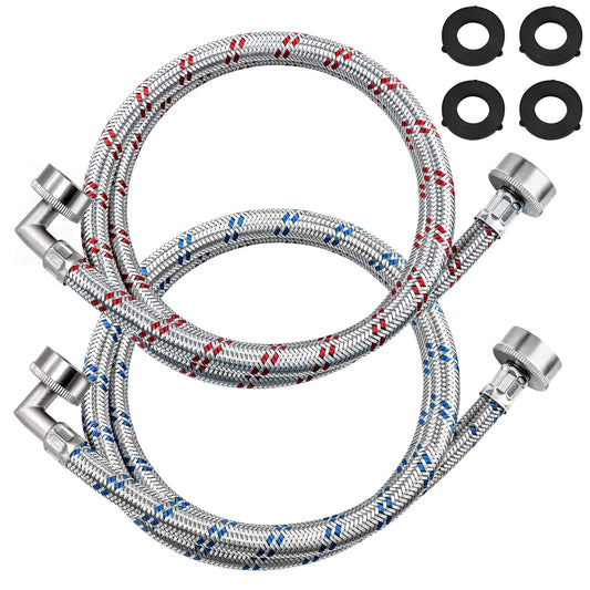 【UPGRADED】4FT Stainless Steel Washer Hoses with 90