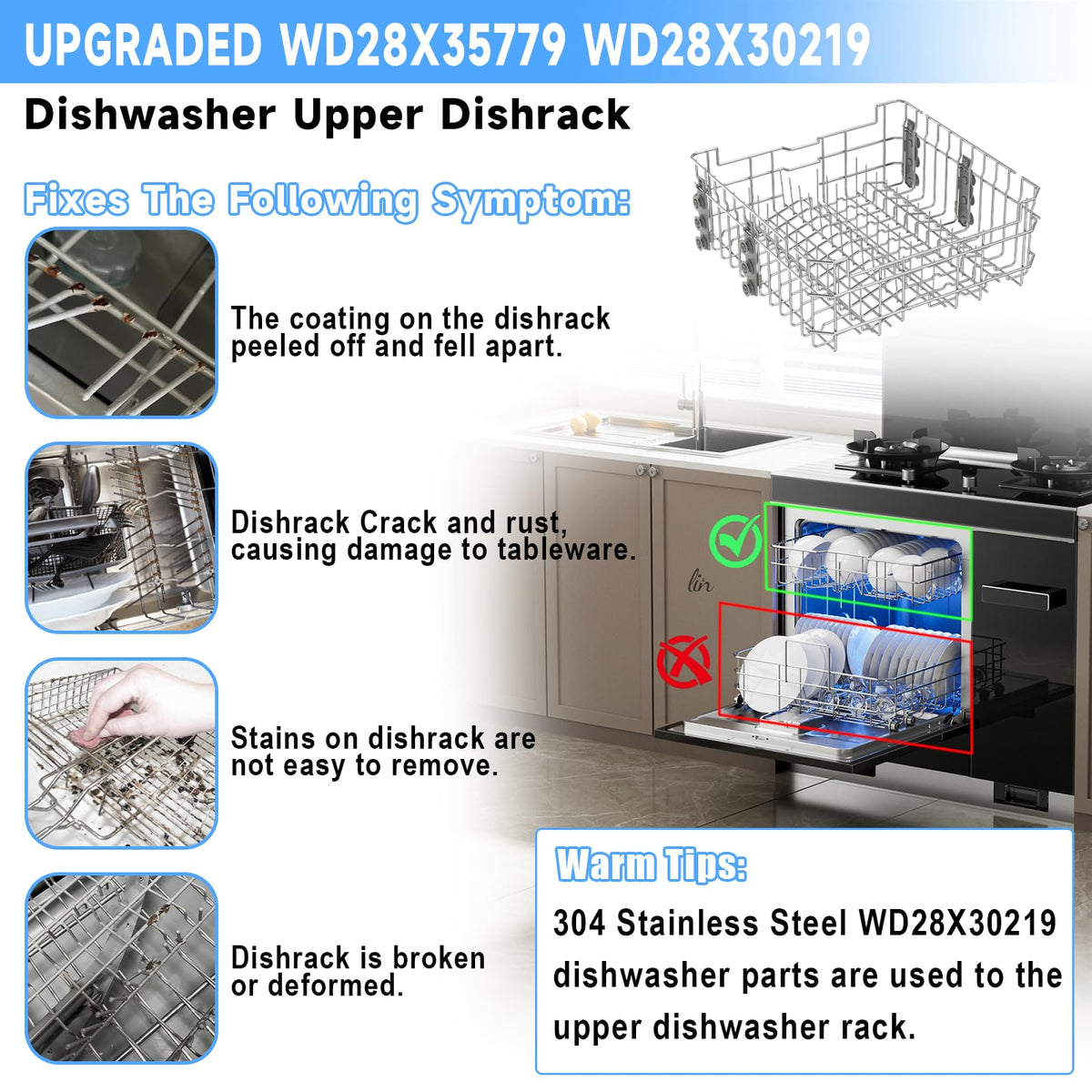 UPGRADED WD28X35779 WD28X30219 Dishwasher Upper Rack Compatible with GE Dishwasher Rack Replacement Parts with Wheel,304 Stainless Steel WD28X30219 WD28X25018 WD28X26104 GE Dishwasher Upper Rack Part