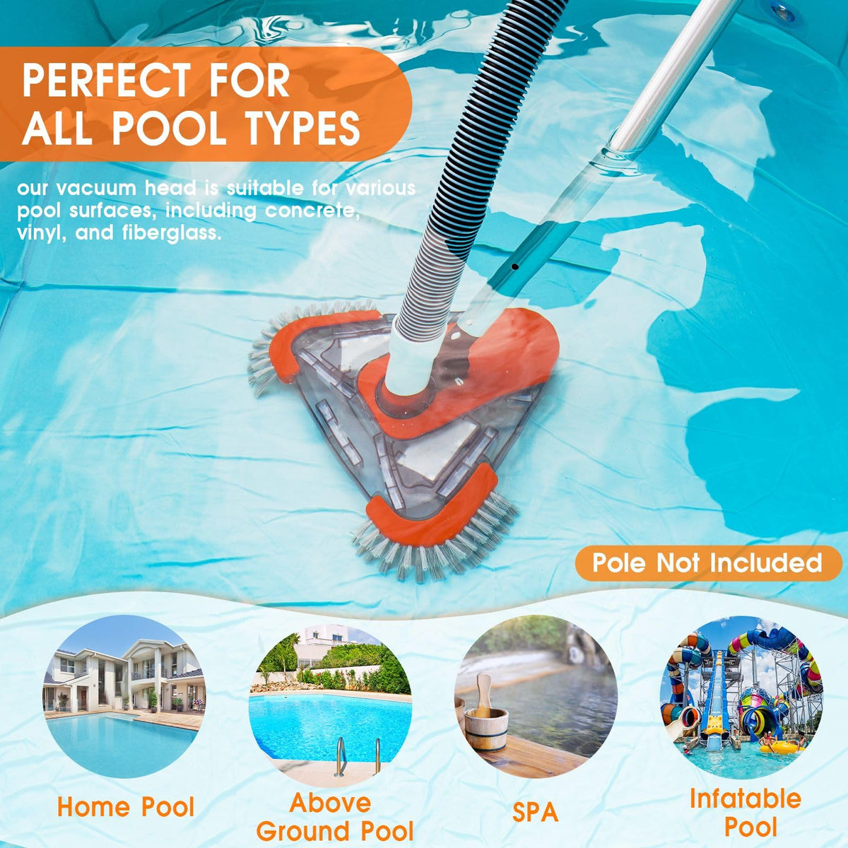 TidyMister Pool Vacuum Head with Direction-Control Handle & Side Brush -Swimming Weighted Triangular Brush Vac with Universal Rotatable Adapter-Deep Clean for Vinyl Liner,Inground & Above Ground Pools