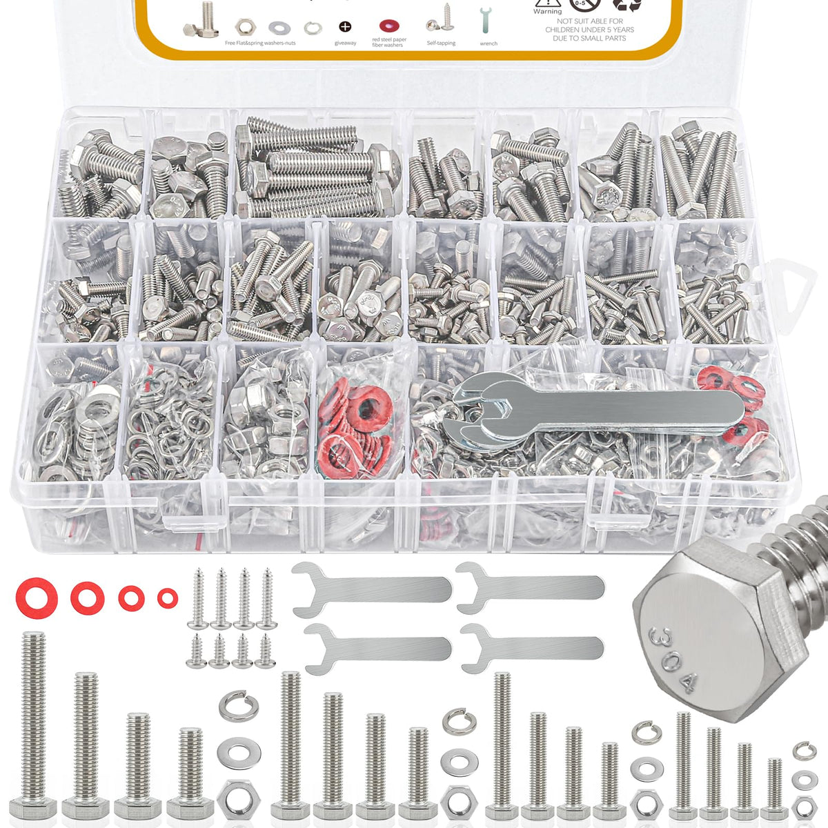 780pcs Hex Bolts and Nuts kit, 304 Stainless Steel M6 M5 M4 M3 Metric Bolt Assortment (Lock & Flat Washers), Stainless Steel Bolts and Nuts kit, Metric Screw Assortment