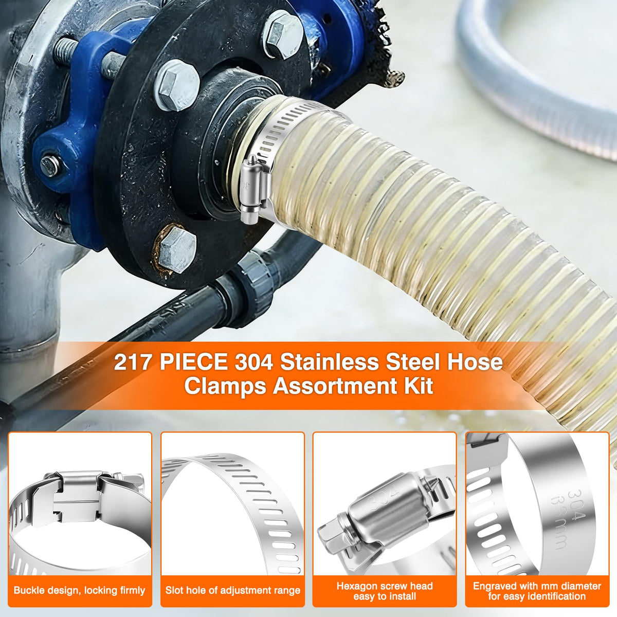 KELIN 217PCS Hose Clamp Kit 304 Stainless Steel 9 Sizes 1/4"-2-1/2"