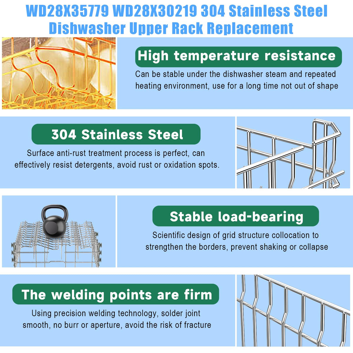 Upgraded 304 Stainless Steel WD28X35779 WD28X30219 Dishwasher Upper Rack Replacement for GE Dishwasher Rack Parts Hotpoint Models ADT521PGF0BS ADT521PGF0WS with WD12X22801 Wheels
