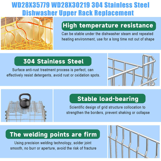 Upgraded 304 Stainless Steel WD28X35779 WD28X30219 Dishwasher Upper Rack Replacement for GE Dishwasher Rack Parts Hotpoint Models ADT521PGF0BS ADT521PGF0WS with WD12X22801 Wheels