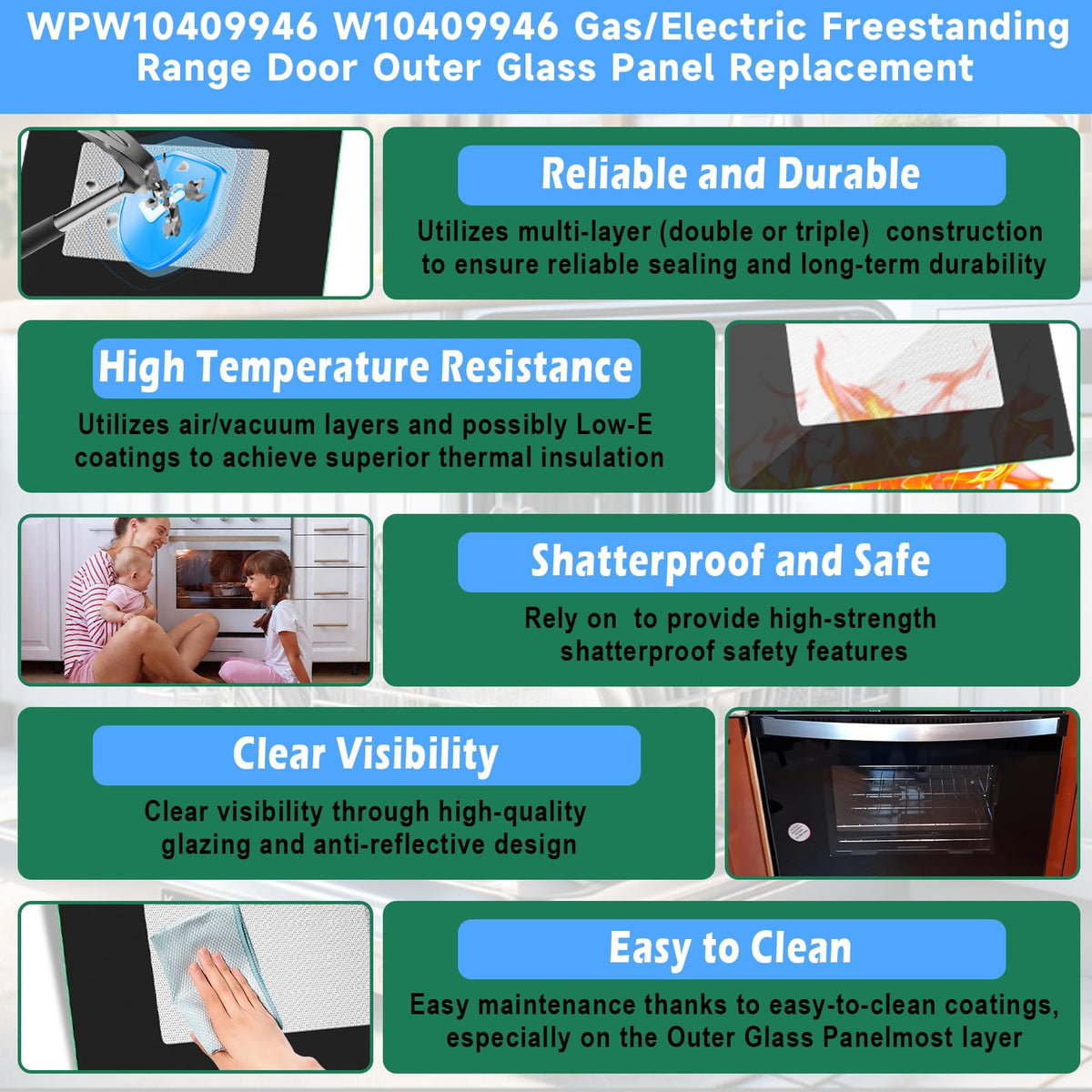Upgraded WPW10409946 W10409946 Gas/Electric Freestanding Range Oven Stove Door Outer Glass Panel Replacement Compatible with Whirlpool Gas/Electric Range Oven Stove Parts 2210188 AP6021060 PS11754380