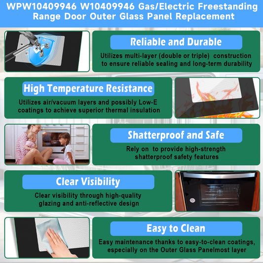 Upgraded WPW10409946 W10409946 Gas/Electric Freestanding Range Oven Stove Door Outer Glass Panel Replacement Compatible with Whirlpool Gas/Electric Range Oven Stove Parts 2210188 AP6021060 PS11754380