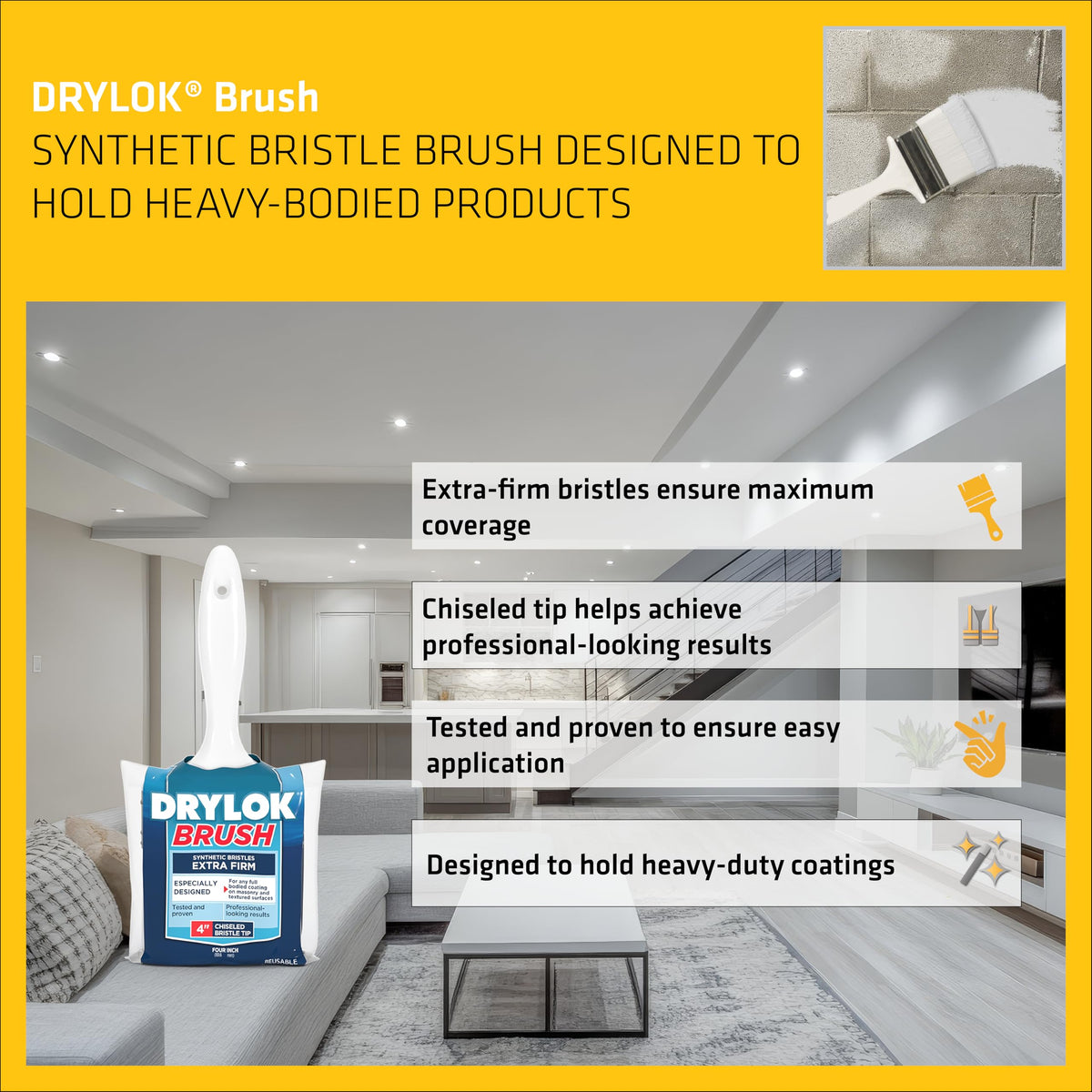 DRYLOK 90237 Synthetic Bristle Masonry Brush, 4-Inch, 4 Inch, White