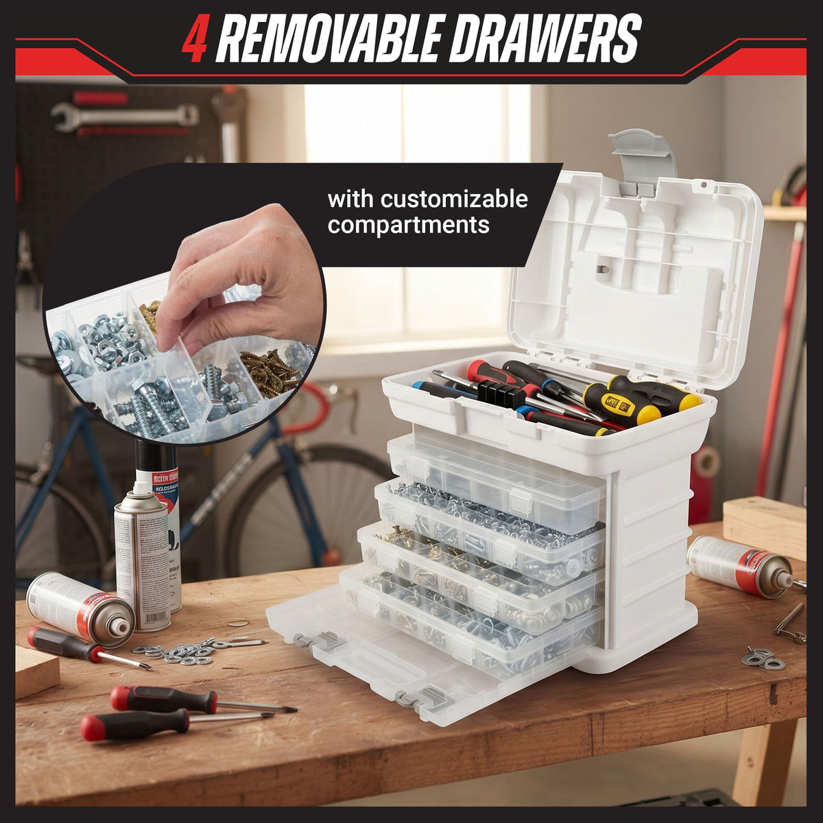 Stalwart Portable Tool Box Small Parts Organizer with Drawers, White