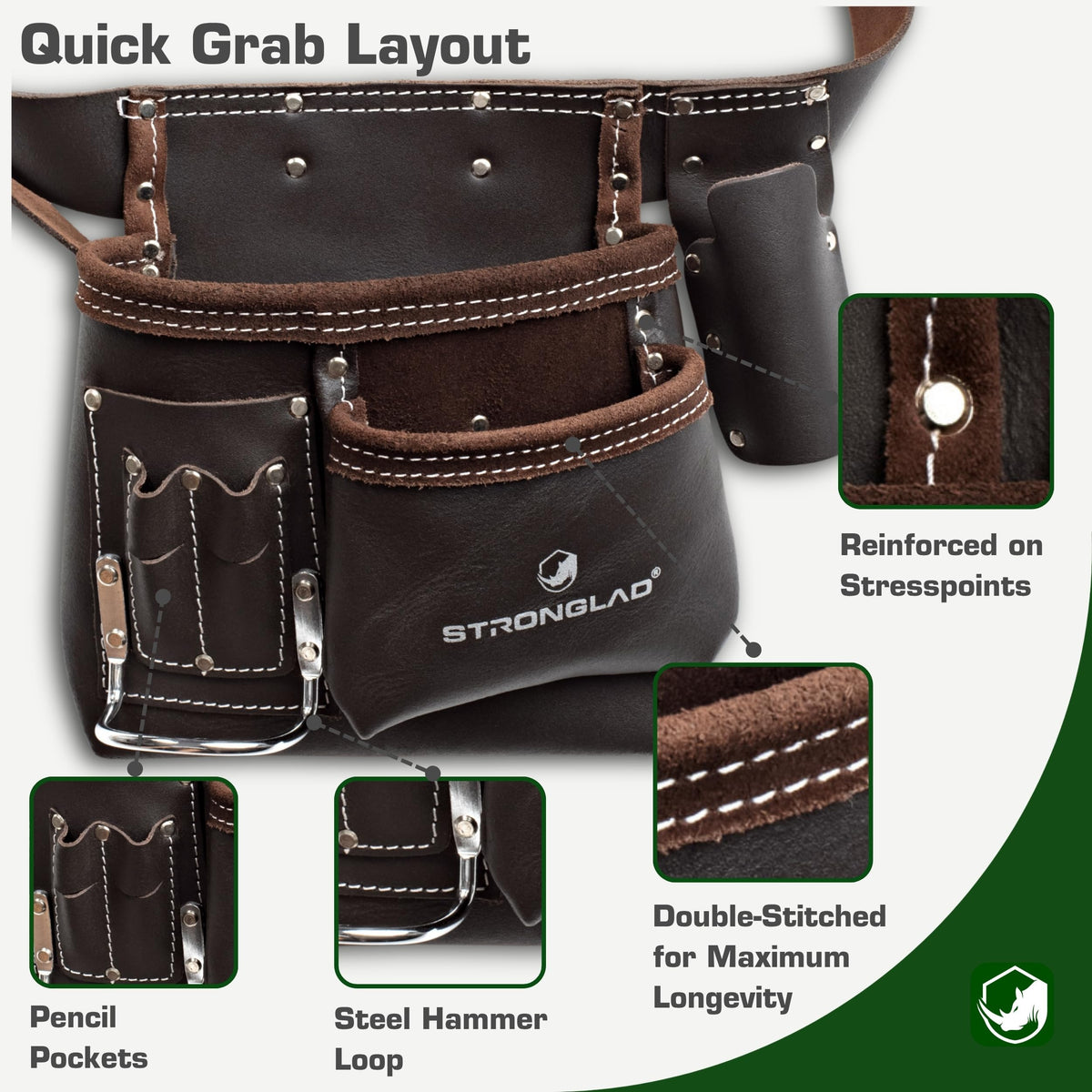 STRONGLAD Leather Tool Belt - 6-Pocket Oil-Tanned Utility Pouch, 29-46 in Adjustable Waist, Heavy-Duty Carpenter Drywaller Electrician Work Belt