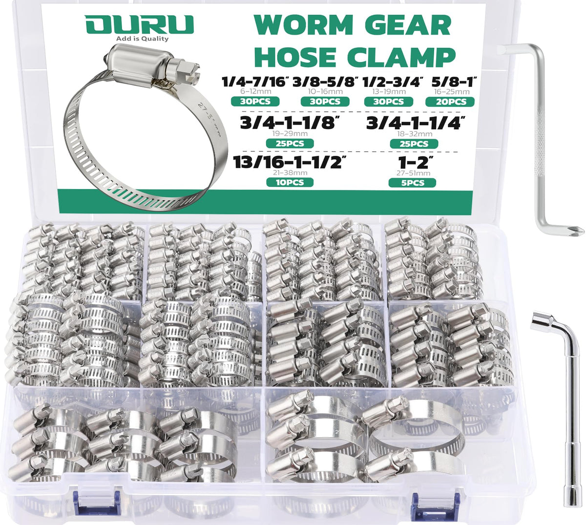 OURU 175PCS Hose Clamps Assortment Kit, Adjustable 1/4"-2"(6-51mm), 8 Sizes