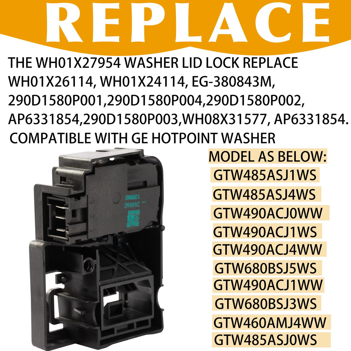 WH01X27954 Washer Lid Lock Switch Part 290D1580P004 290D1580P001 290D1580P002 EG-380843M WH01X26114 WH01X24114 Compatible with GE Hotpoint Top Load Washing Machine Door Lock Assembly Replacement