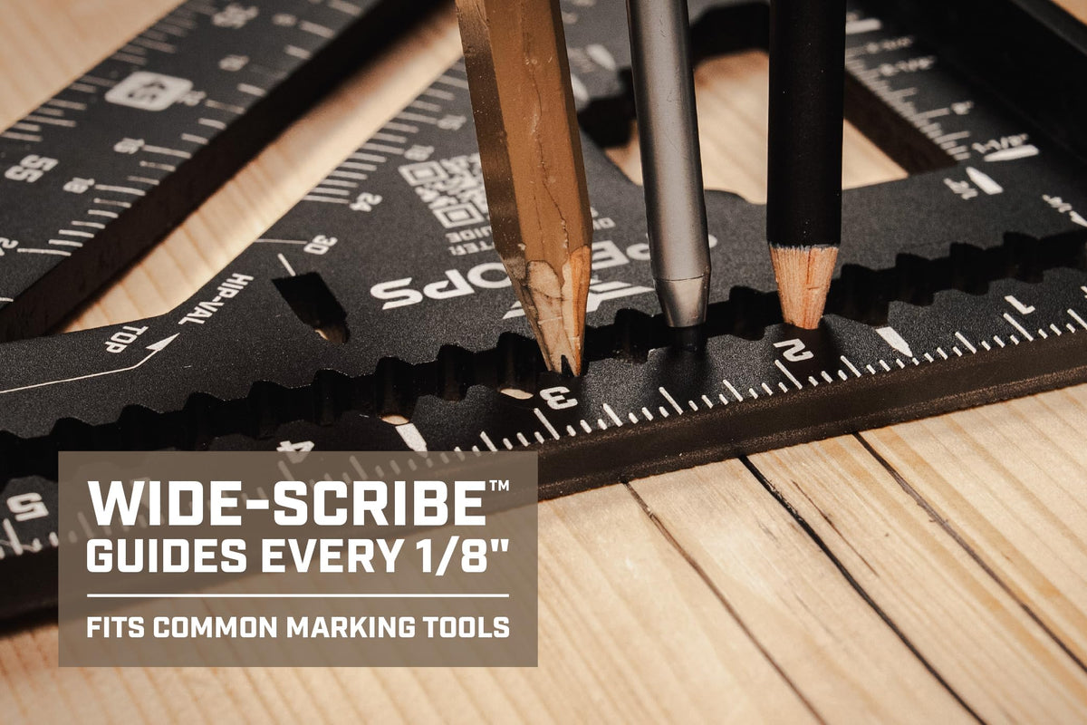 Spec Ops Elite Series Fury 7.5” Rafter Square with Level Vial, Laser Etched & Stamped Markings, Rapid-Layout Features, Wide Heel, Integrated Compass Holes, Digital Rafter Calculator & Guide
