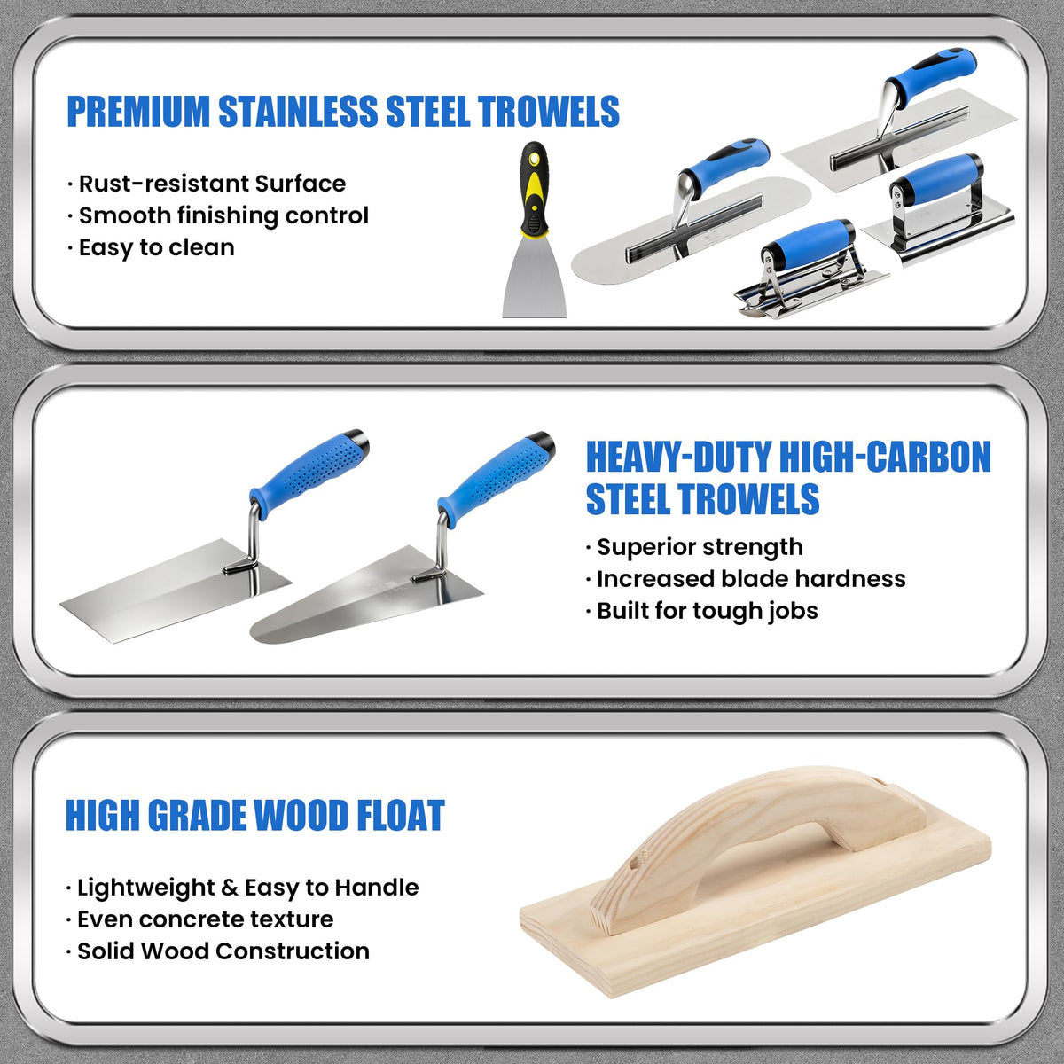 15PCS Concrete Trowel Set - Masonry Hand Tool Set Kit Including Flat Finishing and Pool Trowel, Wood Float, Concrete Groover & Edger, Margin Gauging, Wire Twister, Putty Knives, Gloves & Carry Bag