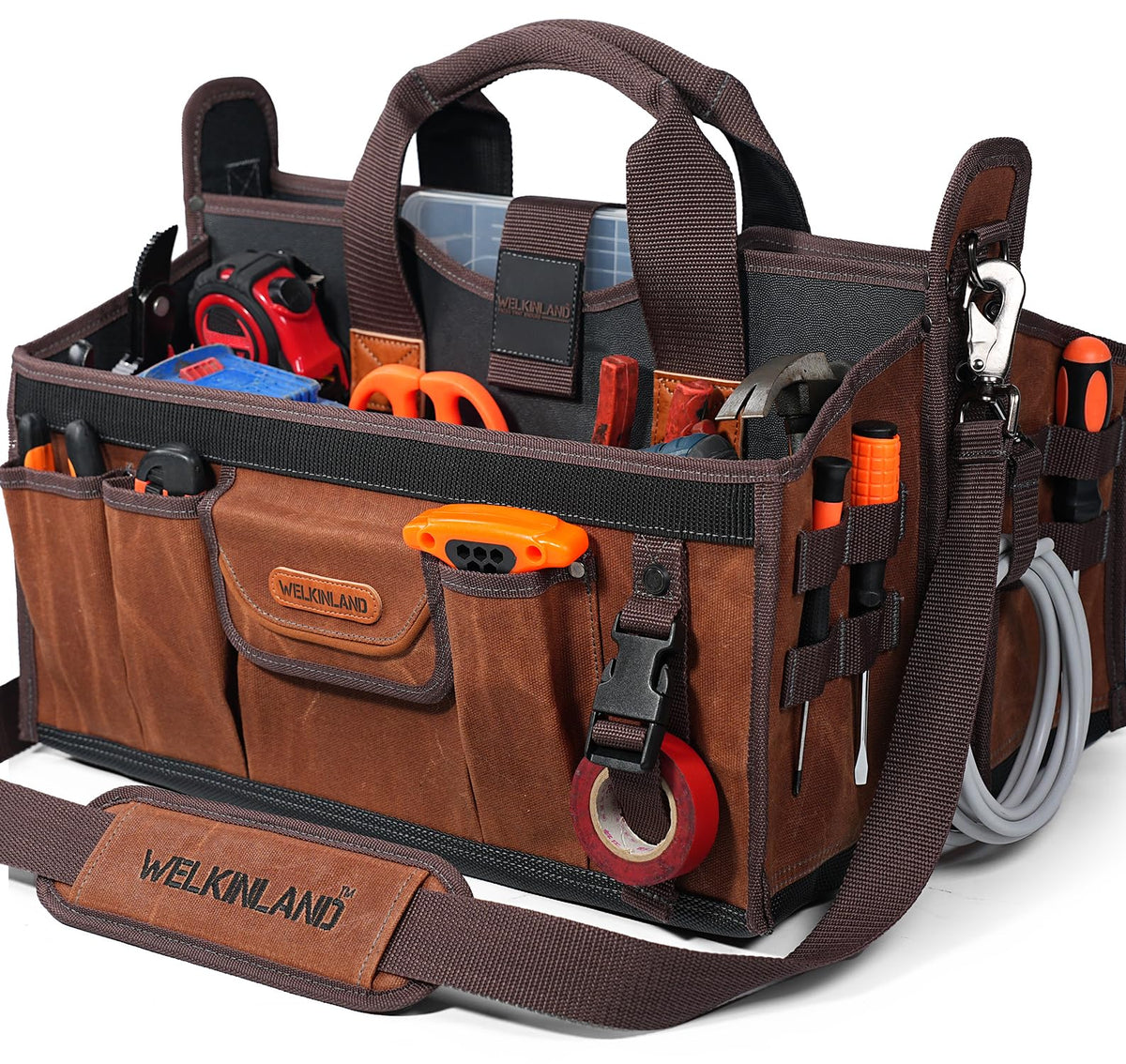 WELKINLAND 21-Pockets Waxed Canvas Tool Tote, 18-Inch Electrician Tool Bag