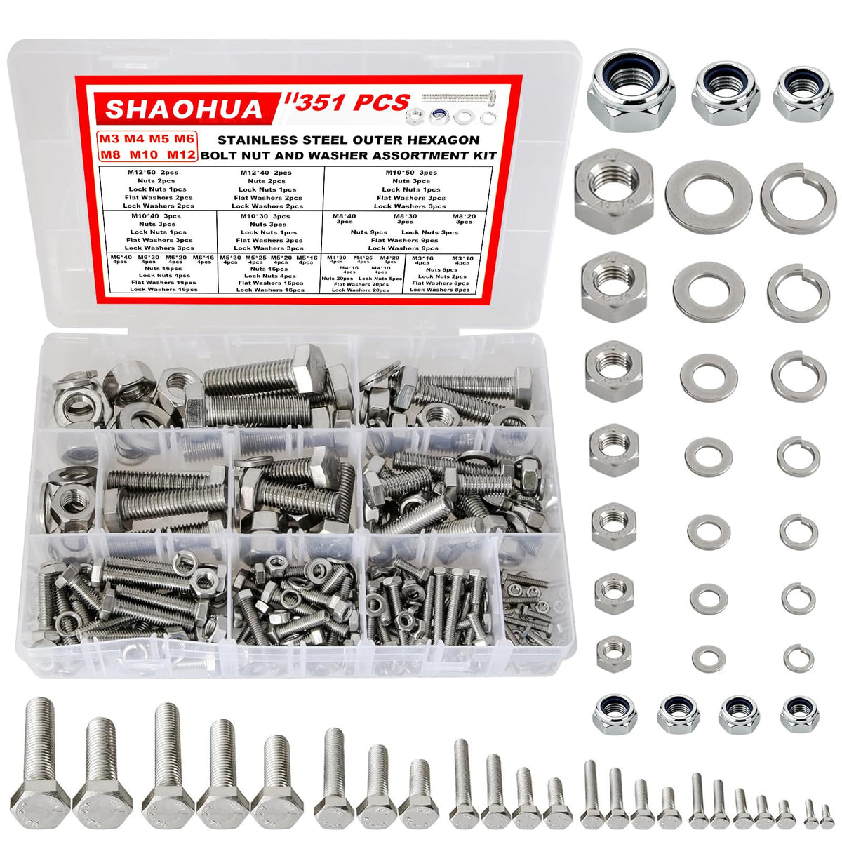 SHAOHUA M3/M4/M5/M6/M8/M10/M12 Metric Bolt Assortment Kit, 304 Stainless Steel Heavy Duty Flat Hex Head Screws Bolts and Nuts Kit, Nuts Flat Gasket and Lock Washers Assortment Ki, Silver, 351Pcs