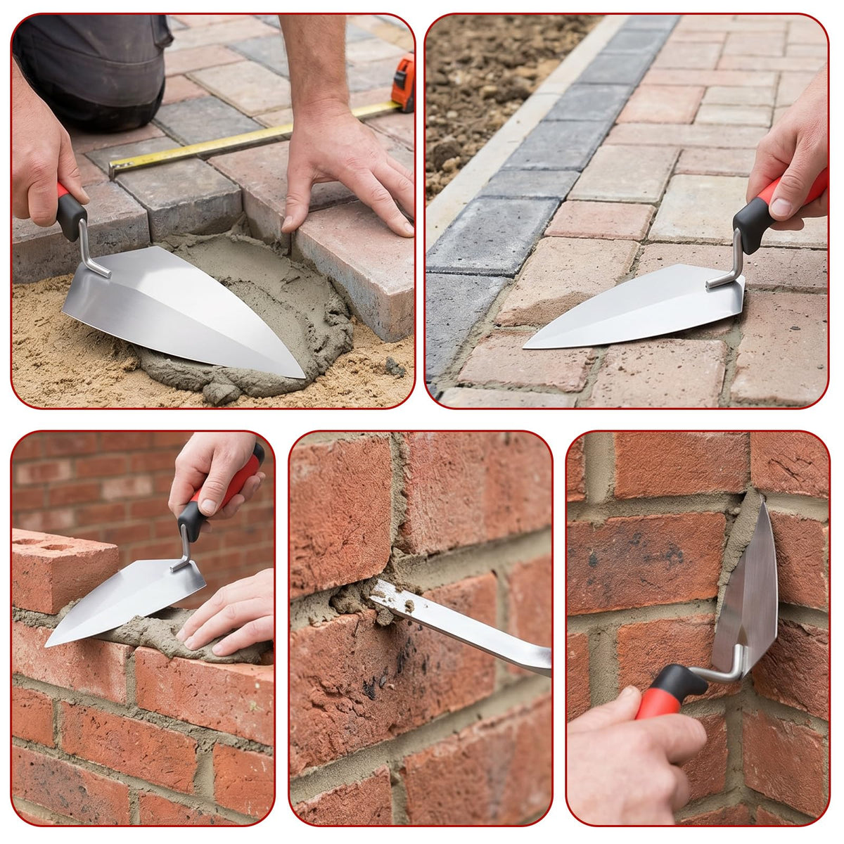 Kuyeyzu 6 Pcs Masonry Hand Tools Set Includes 11" Brick Trowel, 2 Pointing Trowels, 5" Margin Tool, 11.5" Tuck Pointing Tool, and 5/8" x 1/2" Convex Brick Jointer