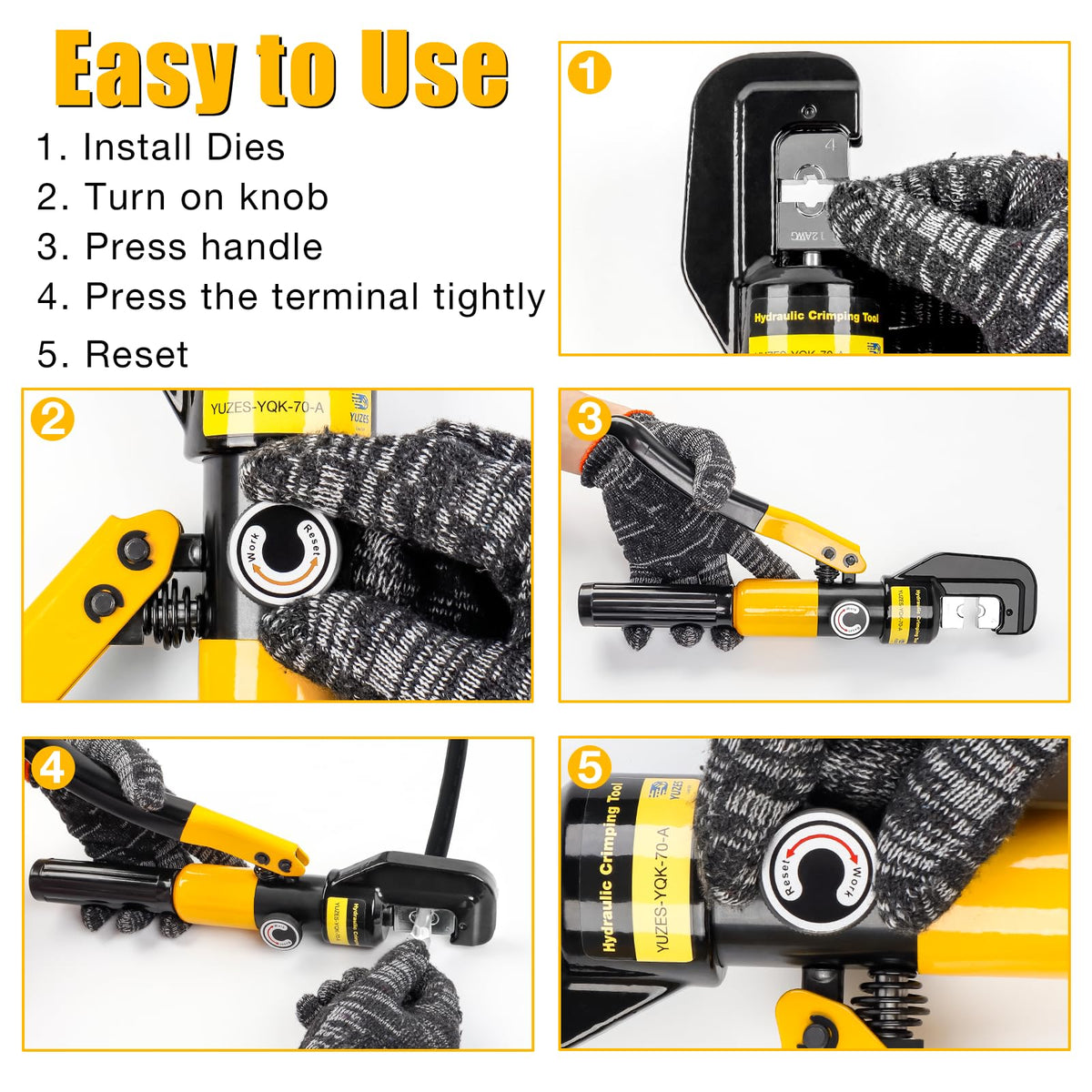 YUZES 10-Ton Hydraulic Crimping Tool, 12 to 2/0 AWG Battery Cable Crimper