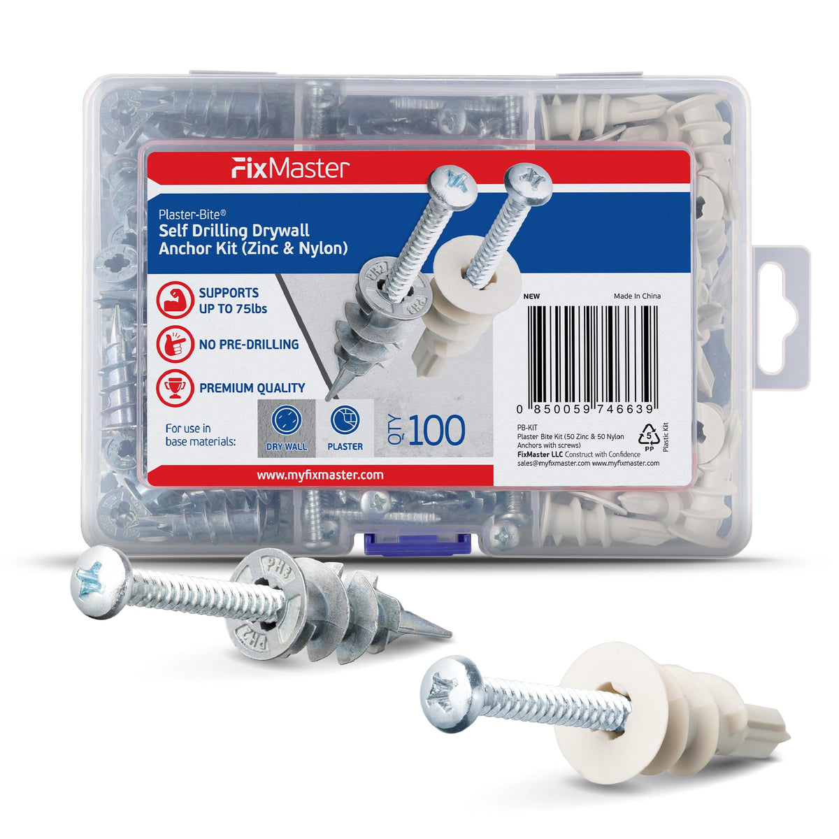 Self-Drilling Drywall Anchor Kit Includes 50 Nylon & 50 Zinc Anchors w/ 100 Drywall Screws – Heavy Duty Hollow Wall Anchors for Drywall, 3/8", 1/2", 5/8" – 75 lbs Holding Strength - Carrying Case