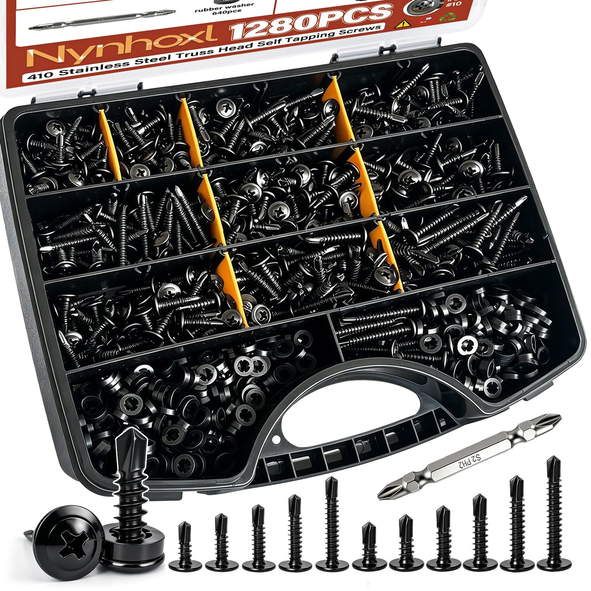 Nynhoxl 1280pcs #8#10 Self Tapping Screws for Metal, 410 Stainless Steel Truss Head Self Drilling Screws, 11 Sizes 1/2" - 1-1/2" Sheet Metal Screws Assortment Kit with Washers