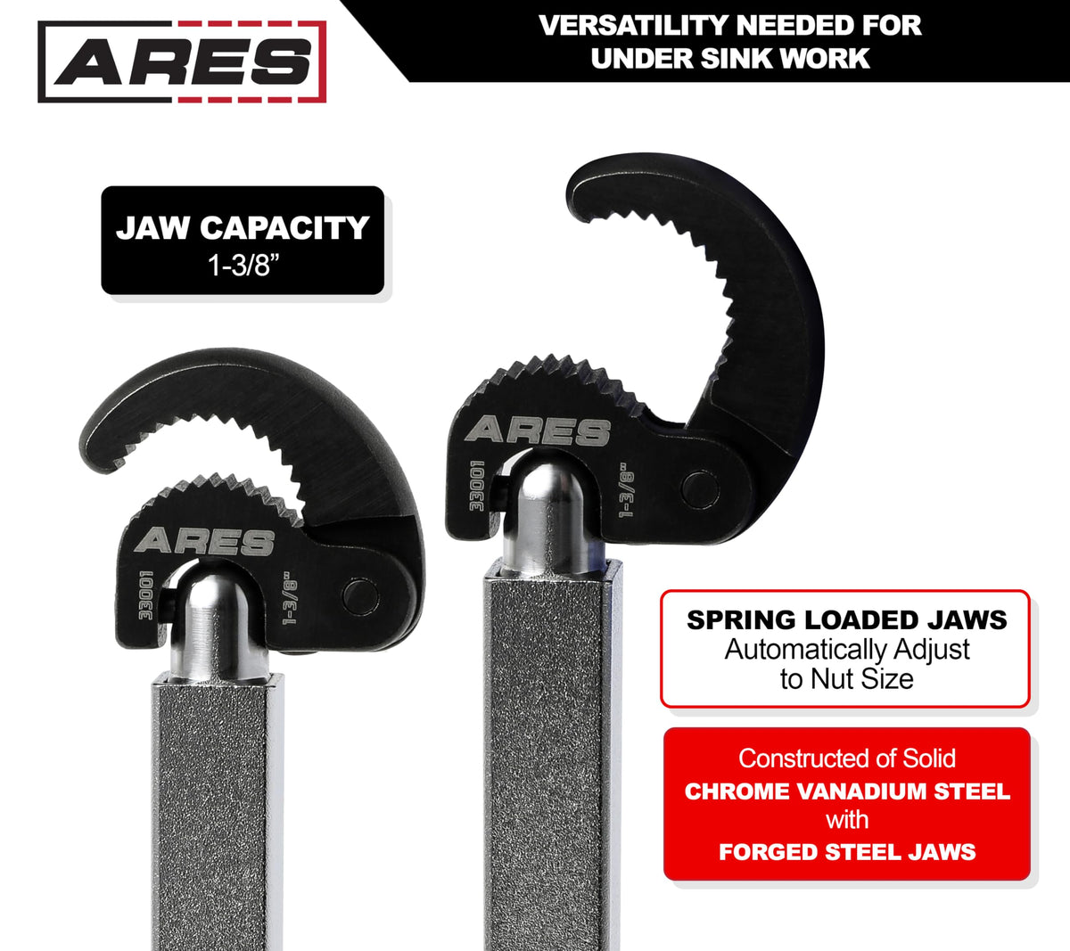 ARES 33001 11-16-In Telescopic Basin Wrench - Adjustable 1-3/8-In Jaw