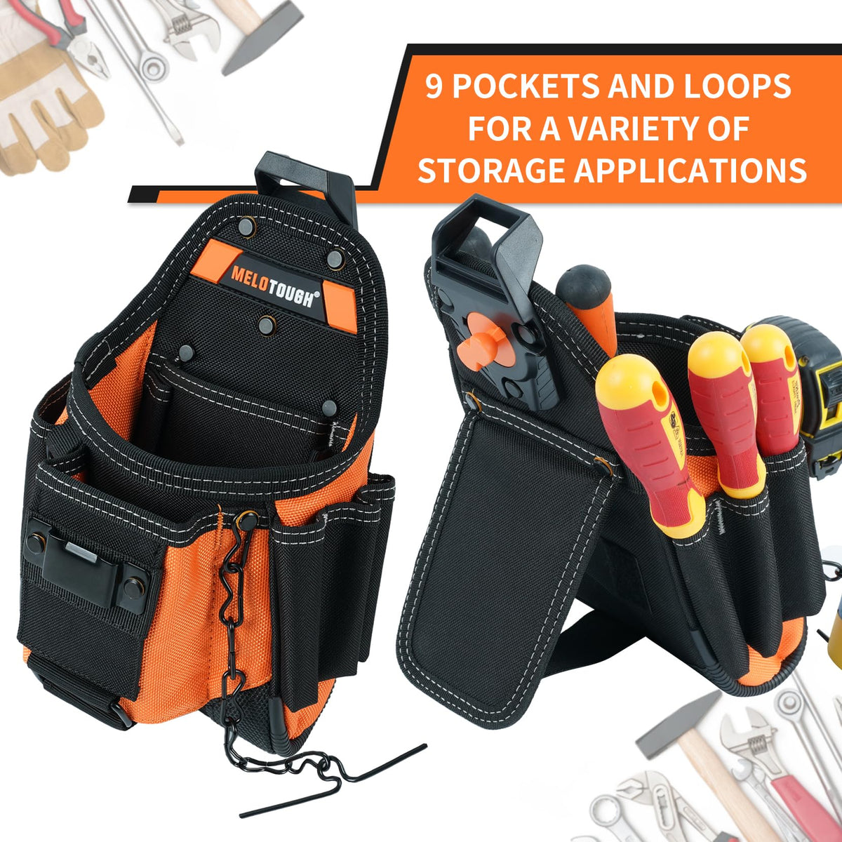 MELOTOUGH Small Electrician Tool Pouch for Tool Belt with Belt Clip Attachment 9 Pockets Tradesman Tool Bag Pouch with Tape Thong Electrician Tool Holster(Orange