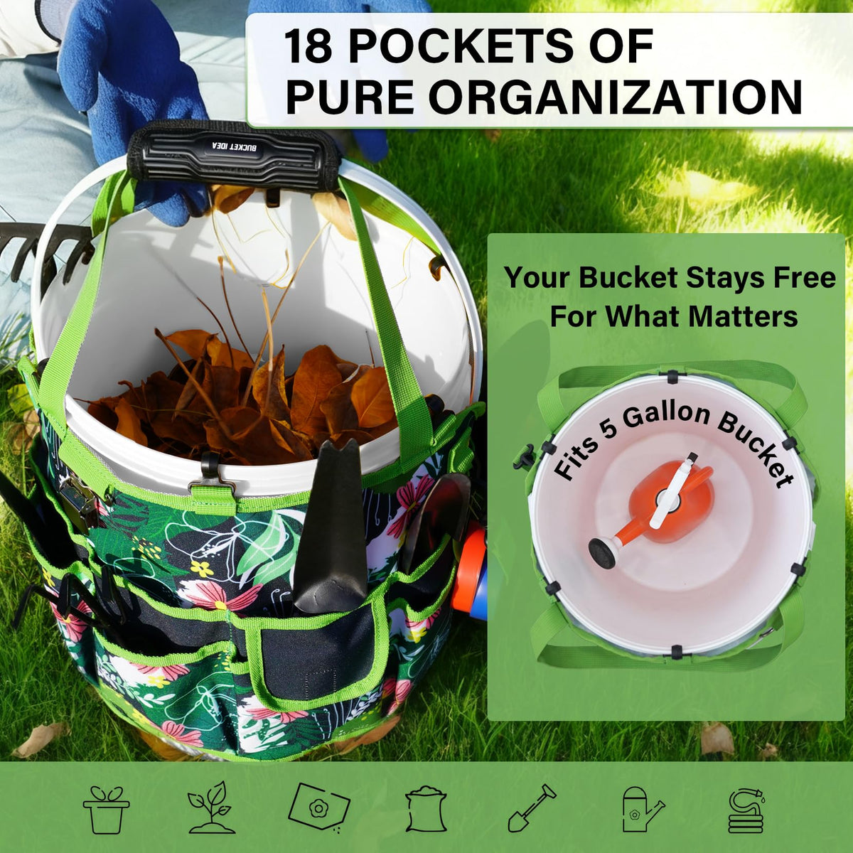 KUNN Bucket Tool Organizer 5 Gallon 18-Pocket Gardening Tool Bag with Hangable Handle, Garden Caddy & Bucket Accessory, Green