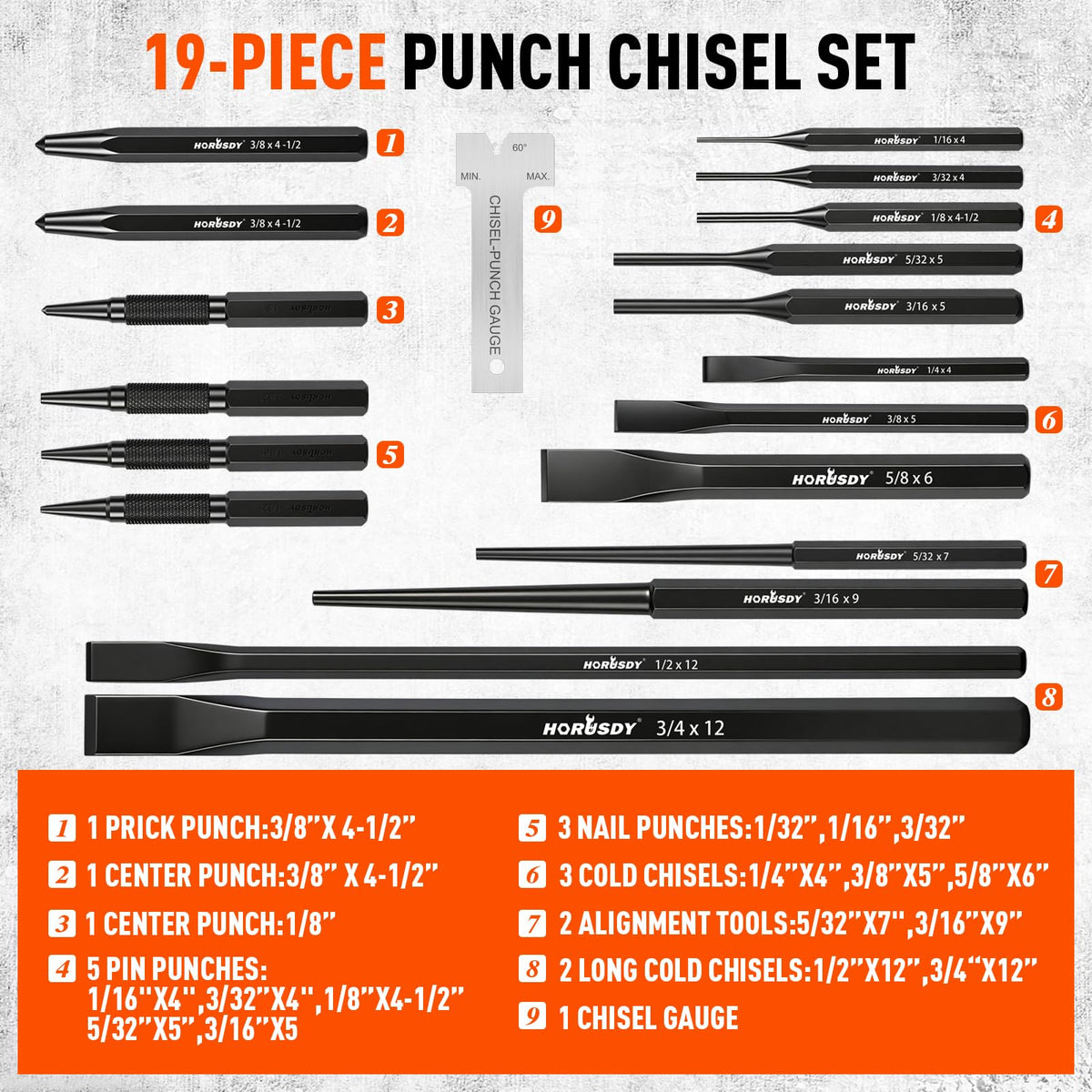 19-Piece Punch and Chisel Set, Pin Punches, Center Punch, Alignment Tools