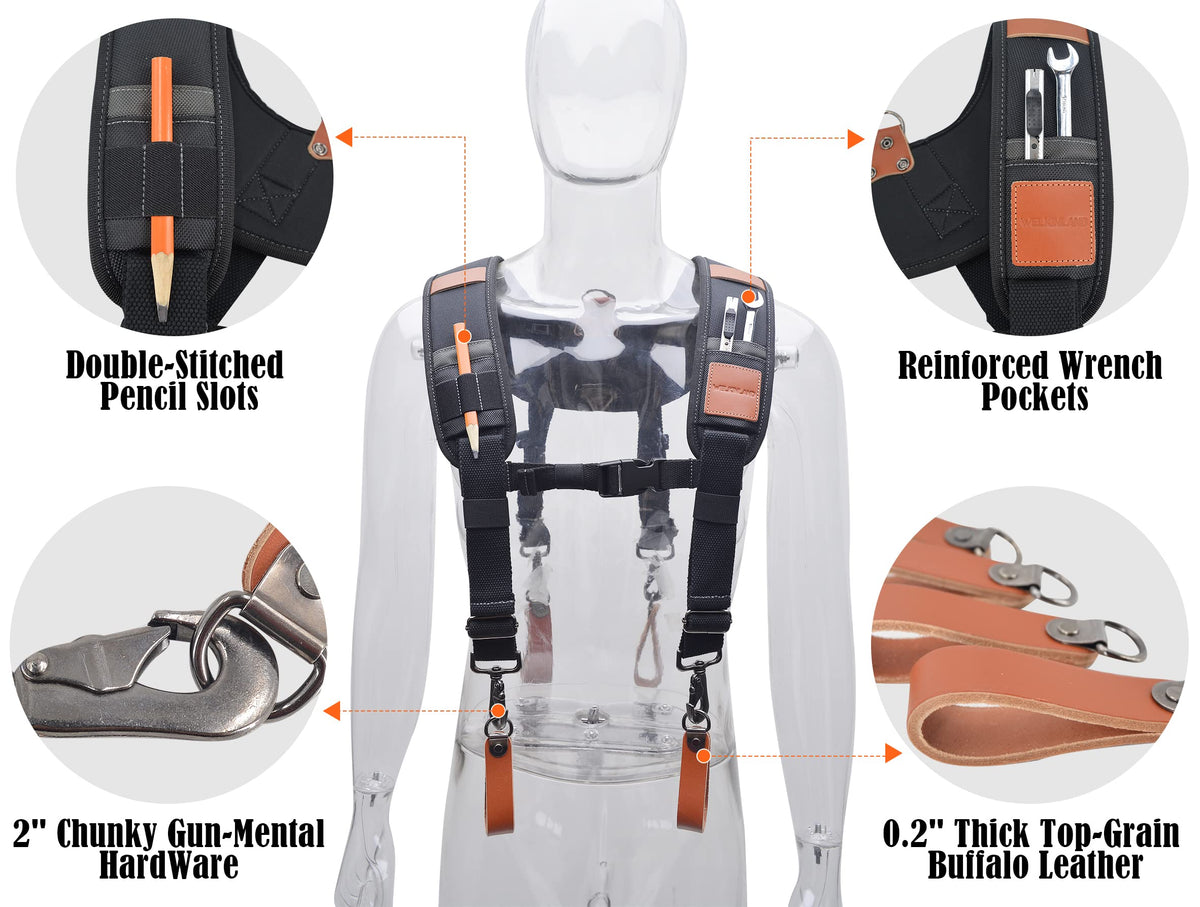 WELKINLAND Heavy-Duty Leather Tool Belt Suspenders, Carpenter Suspenders