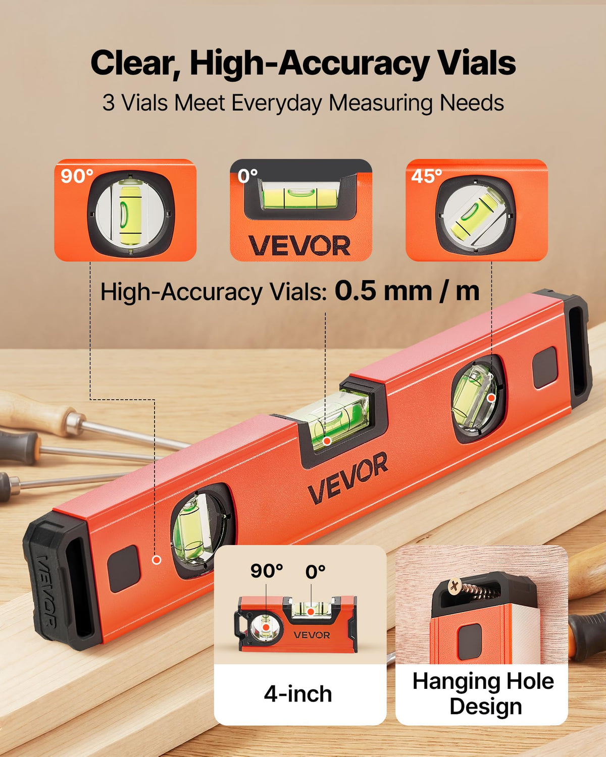 VEVOR Torpedo Level, 4-Piece Included 4/12/24/40 in, Magnetic Leveler Tool Set Aluminum Alloy, with Clear 3 Green Vials, Hanging Hole, Box Beam Multi-angle Measurement for Construction Home Renovation